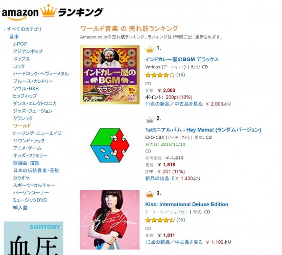 インドカレー屋のBGMがamazonワールド音楽のカテゴリーで１位に